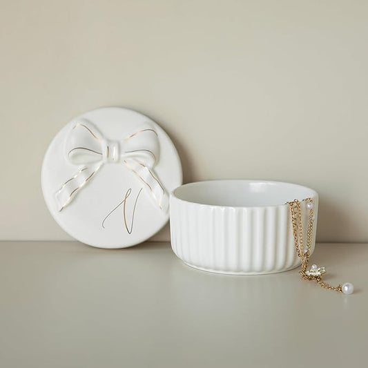 COLLECTIVE HOME - Monogram Jewelry Box with Bow, Christmas Gift Ideas for Women, Small Gift for Girlfriend Wife, Ring Holder, Earrings Dish, Birthday Gift for Her (V)