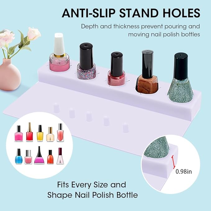Nail Polish Holder,Silicone Hand Rest Mat Fingernail Painting Tools 2 in 1 Art Accessories Organizer Case Set with Anti-Spill Bottle Stand and Finger Separators for Pedicure Manicure(Purple)