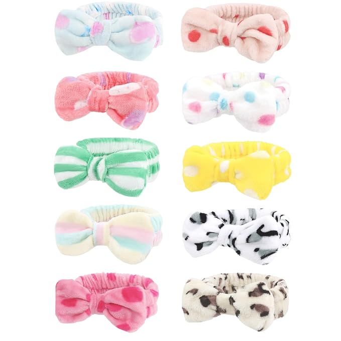 10 Pack Plush Bow Skincare Headbands - Assorted Colorful Polka Dot & Patterned Spa Headbands for Women & Girls, Pajama Parties, Birthday Gifts, Back to School, and Daily Skincare