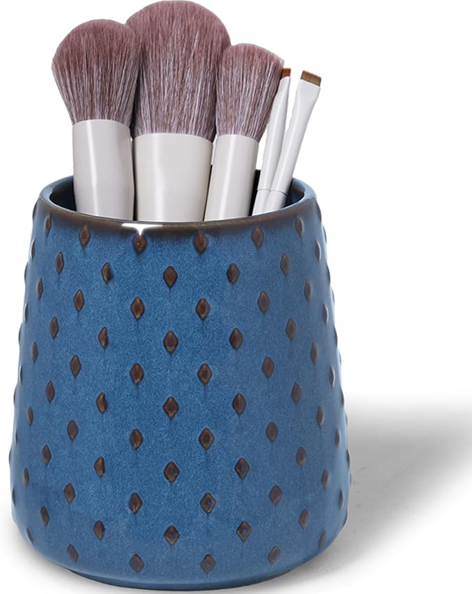 QUXIJA Ceramic Makeup Brush Holders, Farmhouse Bathroom Vanity and Countertop, Brushes Cup for Bathroom Cosmetics, Lipsticks, Vanity Desktop Storage (Vintage Blue)