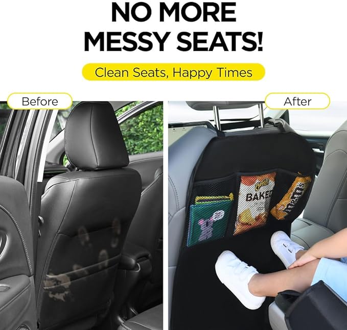 lebogner Back Seat Cover For Kids + 3 Pocket Storage Organizer, 2 Pack X-Large Waterproof Kick Mats Backseat Protector, Car Seat Back Protectors For Vehicles To Protect From Dirt, Mud & Scratches