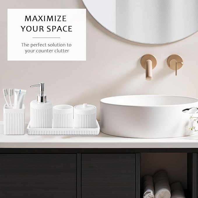 XLHOMO 8-Piece White Bathroom Set - Resin Bathroom Accessories Sets Complete with Shower Curtain and Rugs, Soap Dispenser, Toothbrush Holder, Cup, Tray & Cotton Swab Jars
