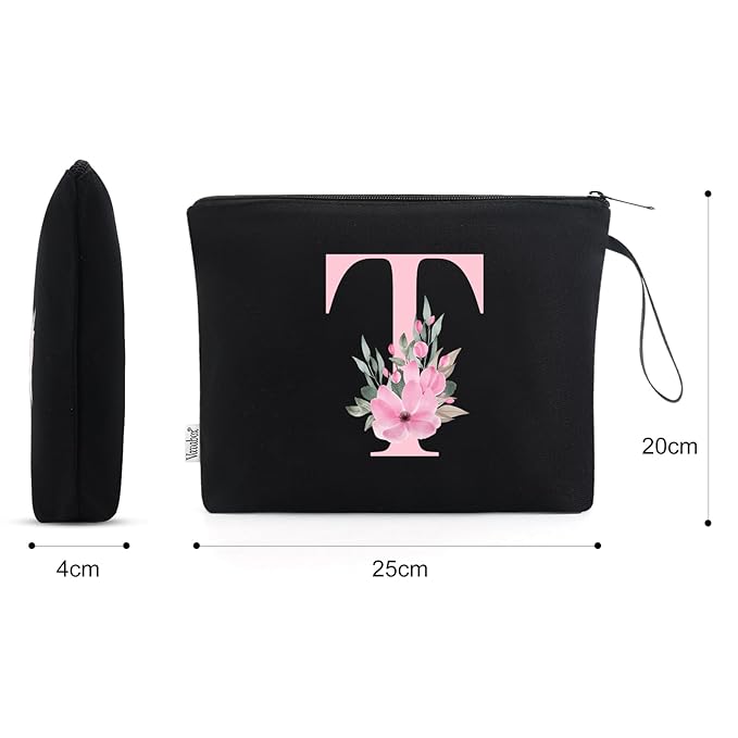 Vavabox A-Z Personalized Makeup Bag, Birthday Gifts for Women Mom, Gifts for Best Friend, Bride Bridesmaid Cosmetic bag (T, Black)