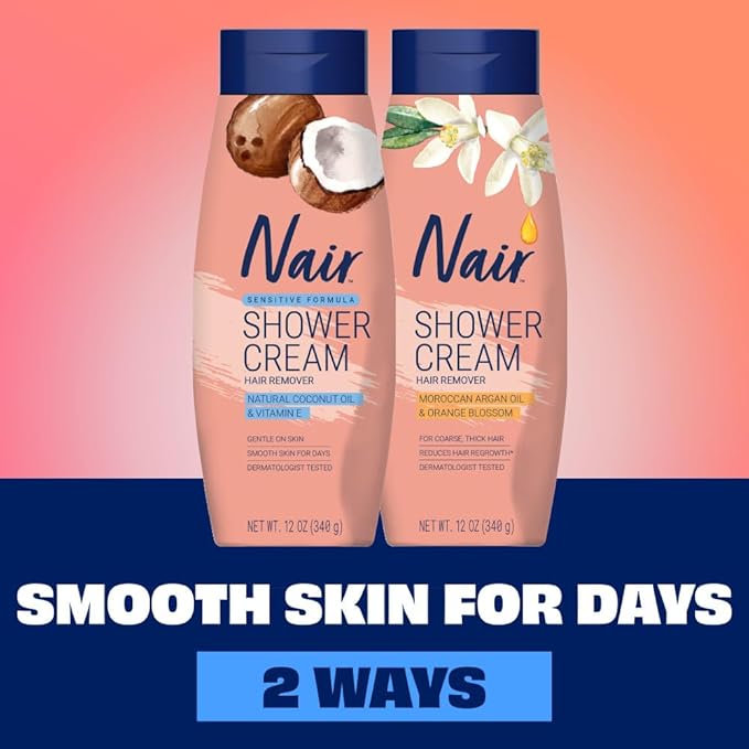 Nair Sensitive Formula Shower Cream, Quick and Easy Hair Removal Cream with Coconut Oil and Vitamin E for Body, 12 oz  