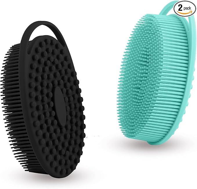 Soft Silicone Body Scrubber 2 PCS Silicone Body Shower, Silicone Loofah 2 in 1 Bath and Shampoo Brush, Body Scrubber Shower Cleaning Exfoliating Use for Sensitive Skin, Lather Well(Black and Green)