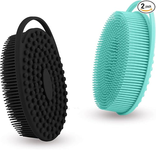 Soft Silicone Body Scrubber 2 PCS Silicone Body Shower, Silicone Loofah 2 in 1 Bath and Shampoo Brush, Body Scrubber Shower Cleaning Exfoliating Use for Sensitive Skin, Lather Well(Black and Green)
