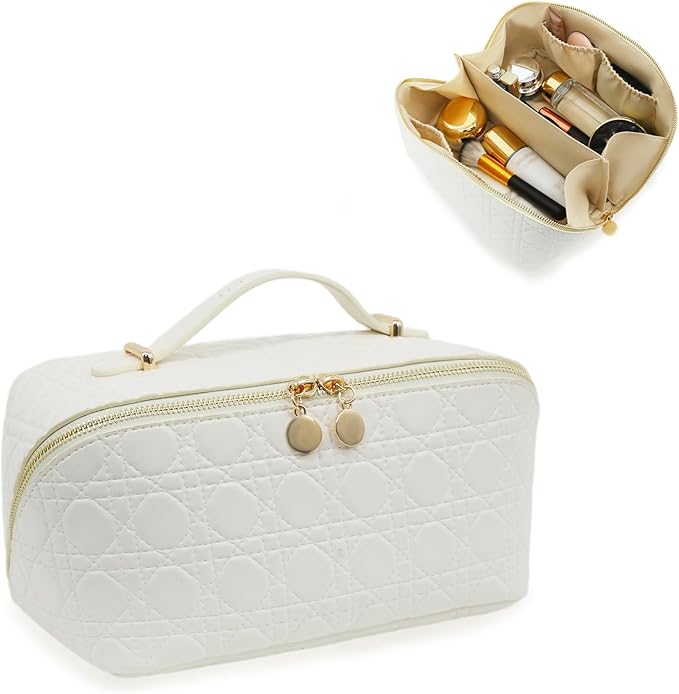 JINYIBAGS Travel Makeup Bag – Large Cosmetic Organizer with Waterproof PU Leather, Smooth Double Zipper & Tear-Resistant Lining, Toiletry Pouch for Women (White)
