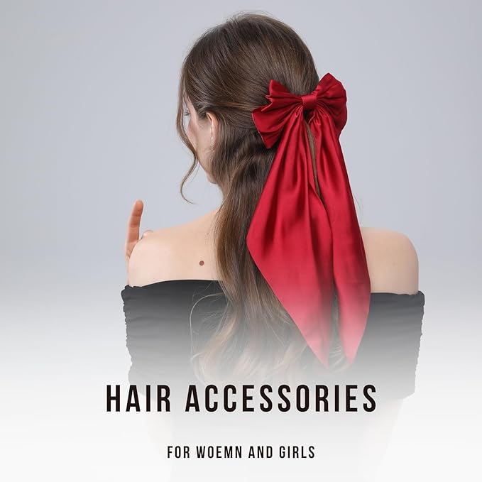 2PCS Big Hair Bow Clips for Women Girls – Red Satin Ribbon Bow Barrettes with Long Tails, Large Hair Accessories for Ponytail, Holiday, Party & Date Night