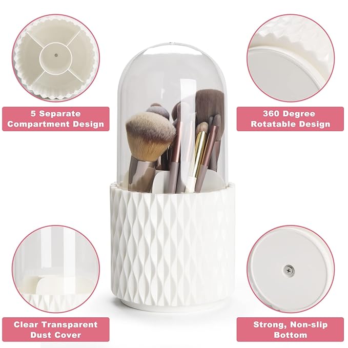 Makeup Brush Holder Organizer with Lid -360° Rotating Dustproof Make Up Brushes Container with Clear Acrylic Cover, Spinning Cosmetics Holders Storage Cup with 5 Compartment