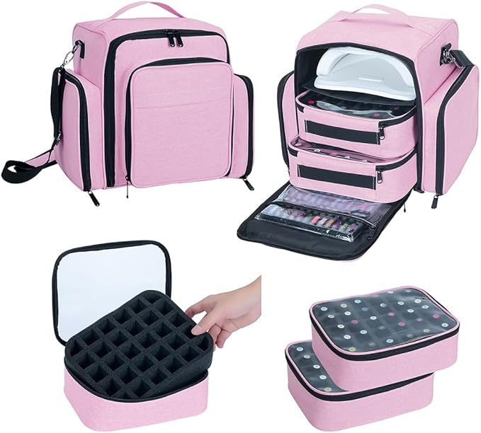 UOZL Nail Polish Organizer Case Holds 60 Bottles Portable Travel Storage Box with 2 Detachable Bags, Designed for Women's Nail Tools, Essential Oils and Cosmetics Sets Pink
