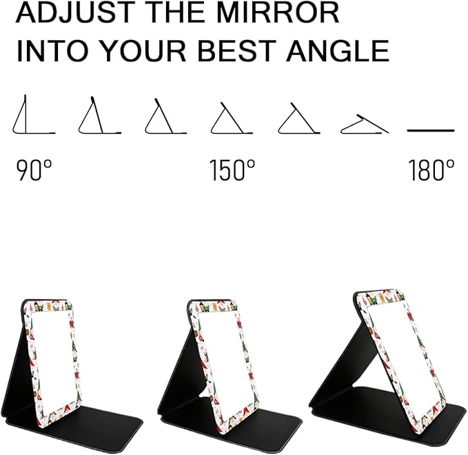 Folding Mirror Portable, Travel Makeup Compact Personal Hand Mirror PU Portable Adjustable Rectangular Ultrathin Vanity Desk Mirror with Stand, for Travel, Camping, Home (Santa Claus Design)