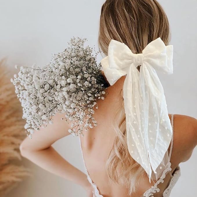3 Pieces Large Hair Bows with Long Tail for Women and Girls - Big Plain Color Bowknot Barrettes in Bright Colors