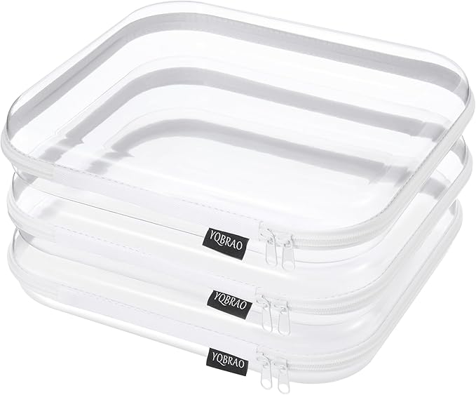 3 Pack Clear Hard Shell Zipper Case, See-Through Hard Plastic Organizer Pouches with Zipper for Travel, Toiletries, Makeup, Electronics & Pencils - Crush-Resistant Storage (L White)