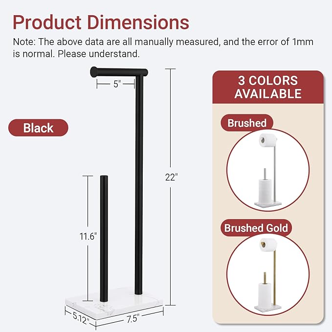 Hoooh Free Standing Toilet Paper Holder Stand with Reserve - Heavyweight Marble Base & Matte Black Stainless Steel Bathroom Tissue Roll Holder