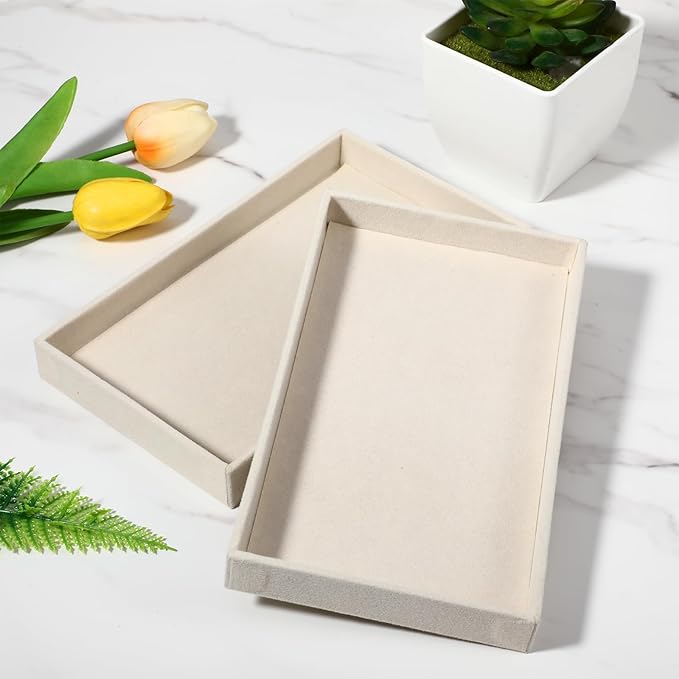 12 Pack 1 Grid Velvet Jewelry Trays, Stackable Jewelry Drawers Organizer Inserts, Beige Jewelry Storage Display Trays for Necklace, Earring, Ring, Bracelet, 8x4.6x0.91 Inches