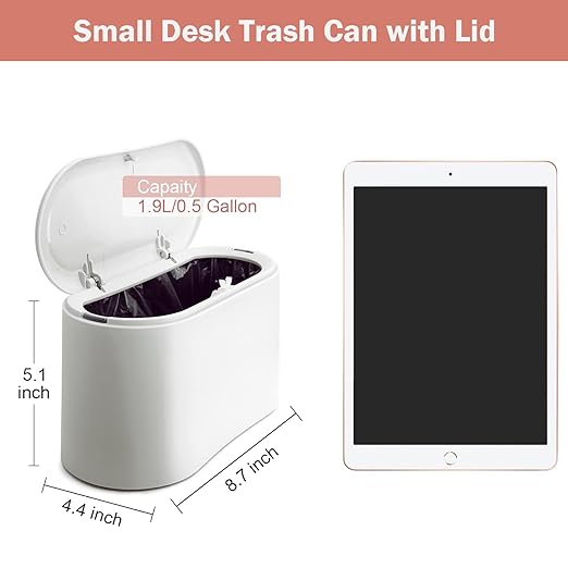 Mini Desk Trash Can with Lid with 90 Pcs Trash Bag, Lint Bin 0.5 Gallon Countertop Waste Bin for Table Tiny Garbage Can for Office Bedroom (White)