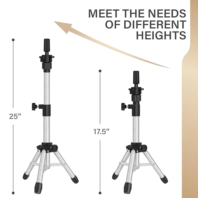 Wig Stand Tripod, 25 Inch Adjustable Mannequin Head Stand, Wig Head Stand for Training Heads And Canvas Block Head (Silvery, Mannequin Head Not Included)