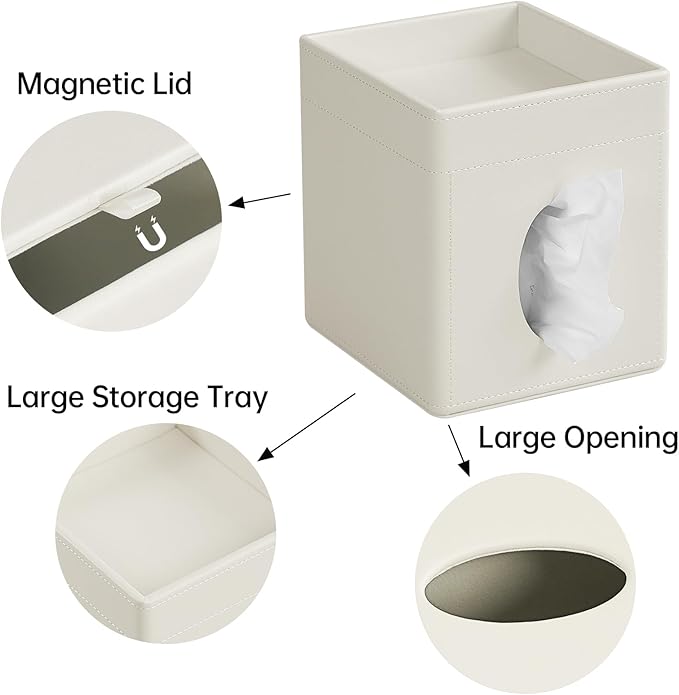 Tissue Box Cover, PU Leather Square Tissue Box Holder with Storage Tray for Bathroom Vanity Countertop Night Stands Bedroom Office Desk, Stylish Tissue Holder Decorative Organizer (Cream)