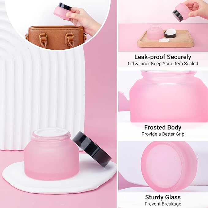 Segbeauty 1.7oz Small Frosted Glass Containers with Lids, Small Refillable Glass Jar for Lotion Cream Jars with Lids, Pink Travel Size Containers 4pcs 50ml, Empty Travel Size Bottles Jar with Spatulas