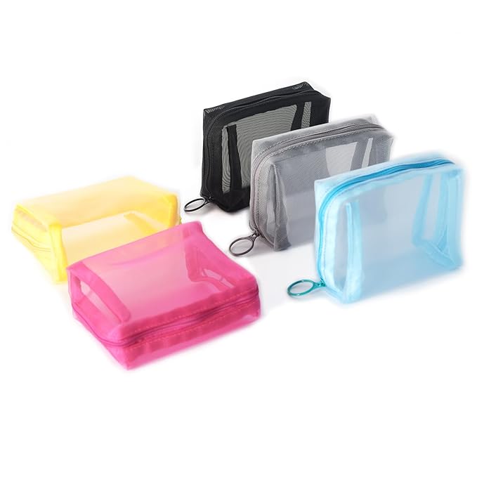 patu Zipper Mesh Bags, Portable Mini Case, Size S, 5" x 4" x 2", 5 Pieces, Beauty Makeup Cosmetic Accessories Organizer, Small Travel Toiletry Kit Set Storage Cuboid Pouch, Assorted Colors
