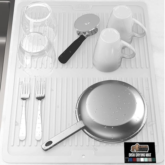 GORILLA GRIP 100% BPA-Free Patented Silicone Dish Drying Mat for Kitchen Counter, 18x24 Inch, Water Catching Ribbed Design, Easy Clean Waterproof Sink Liner, Heat Resistant, Fits Under Rack, White