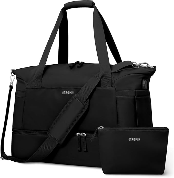 ETRONIK Gym Bag for Women, Personal Item Travel Bag with Shoes Compartment, Weekender Overnight Duffel Bag with Wet Pocket & USB Charging Port, Carry On Bag for Women, Travel, Gym, Weekend