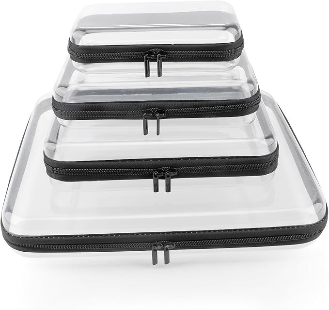 YOPCDJ Clear Hard Shell Zipper Case, Clear Zipper Pouches Waterproof Makeup Organizer & Travel Toiletry Storage Bag, Plastic Pouch for Office, Home, Black, 4Pack XL+L+M+S