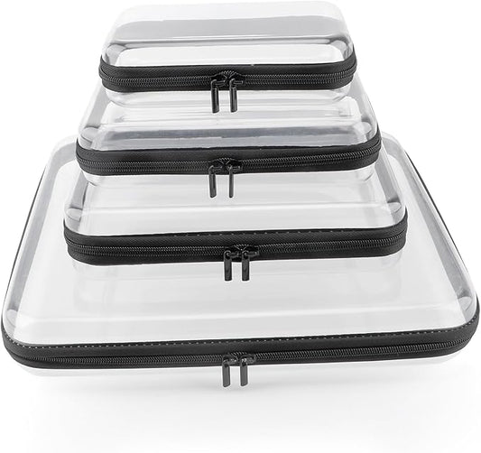 YOPCDJ Clear Hard Shell Zipper Case, Clear Zipper Pouches Waterproof Makeup Organizer & Travel Toiletry Storage Bag, Plastic Pouch for Office, Home, Black, 4Pack XL+L+M+S