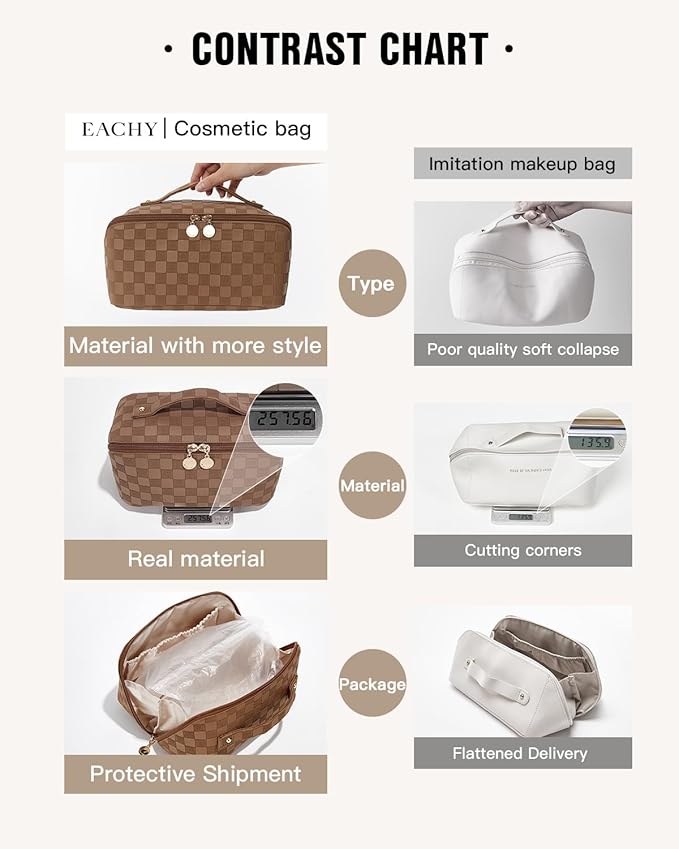 EACHY Travel Makeup Bag, Large Capacity Cosmetic Bag for Women, Waterproof PU Leather, Flat Open Portable Toiletry Bag for Skincare, Brushes & Travel Essentials