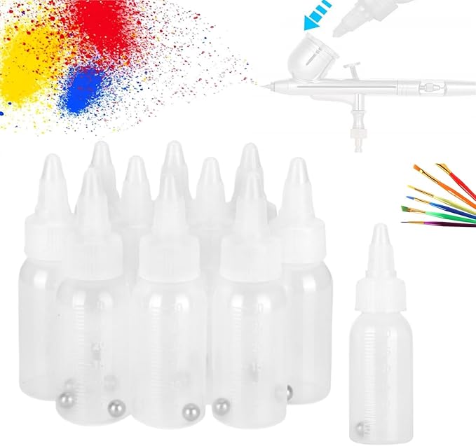 10Pcs 1oz/30ml Paint Bottles, Airbrush Paint Bottle Jars Clear Empty Plastic Mixing Squeeze Bottles with Ball Jar Resealable Scale Mixer