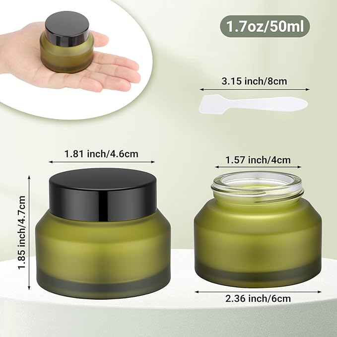 Segbeauty 1.7oz Green Frosted Glass Jar with Lid, Empty Cosmetic Containers Sample Jars Small, Refillable Travel Bottles for Toiletries 4pcs 50ml, Empty Matte Travel Containers with Spatulas