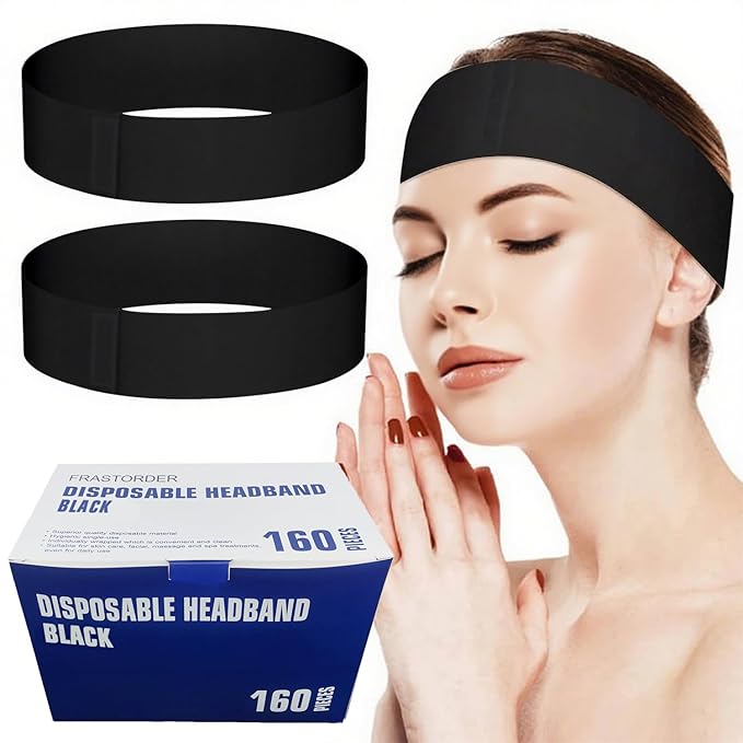 Disposable Spa Headbands for Women - Individually Wrapped Stretch Non-Woven Facial Headbands for Skincare, Makeup & Esthetician Supplies(Black, 160 Count)