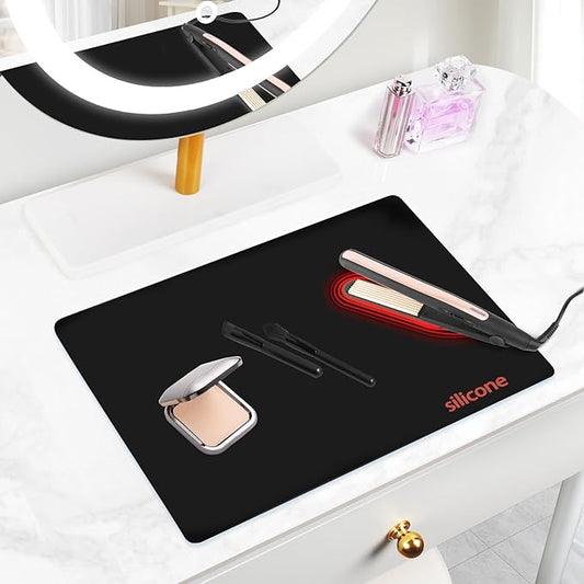 Silicone Makeup Mat for Vanity, 15.7" x 11.8" Heat Resistant Vanity Mat, Easy to Clean & Waterproof, Portable Makeup Accessories for Use While Traveling (Black)