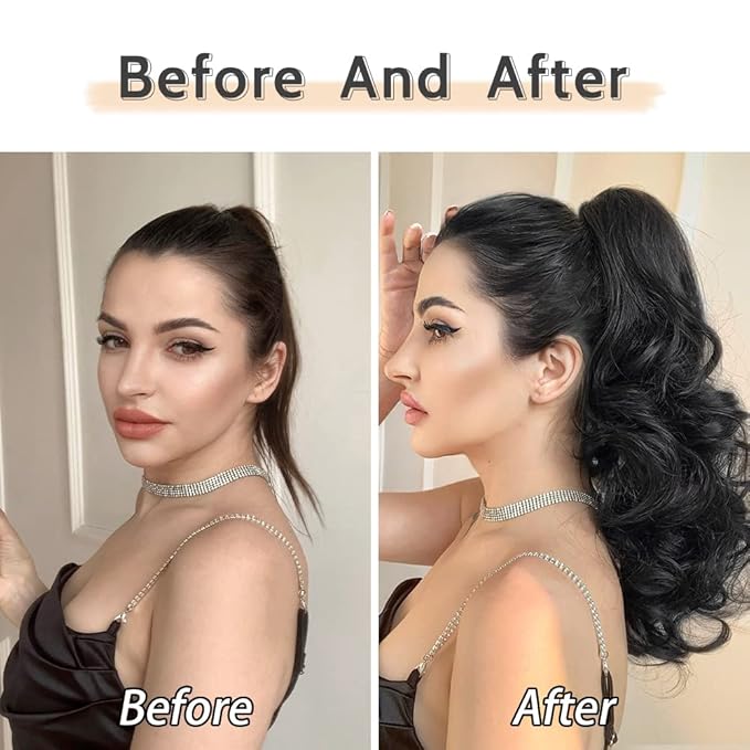 Claw Clip Ponytail Extension 16" Wavy Clips in Hair Extensions Curly Synthetic Pony Tails Fluffy Faux Ponytails Wigs Natural Hairpieces for Women Wedding Party Daily Use 6 Oz Dark Black