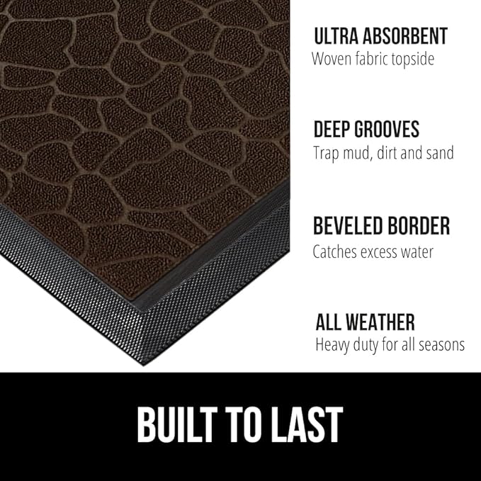 GORILLA GRIP 100% Waterproof All-Season WeatherMAX Doormat 35x23, US Designed Natural Rubber, Stain and Fade Resistant, Low Profile Indoor Outdoor Door Mats, Easy Clean Patio Mat, Dark Brown Pebble