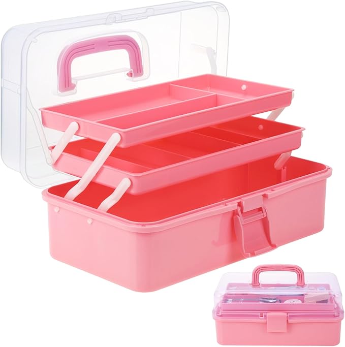 OUTUXED 12.5inch 3-Layer Multipurpose Craft Organizers, Portable Folding Toolbox, Plastic Tool Box with Handle for Sewing Supplies, Medicine, Art Supplies, Nails and Hair Accessories(Pink)