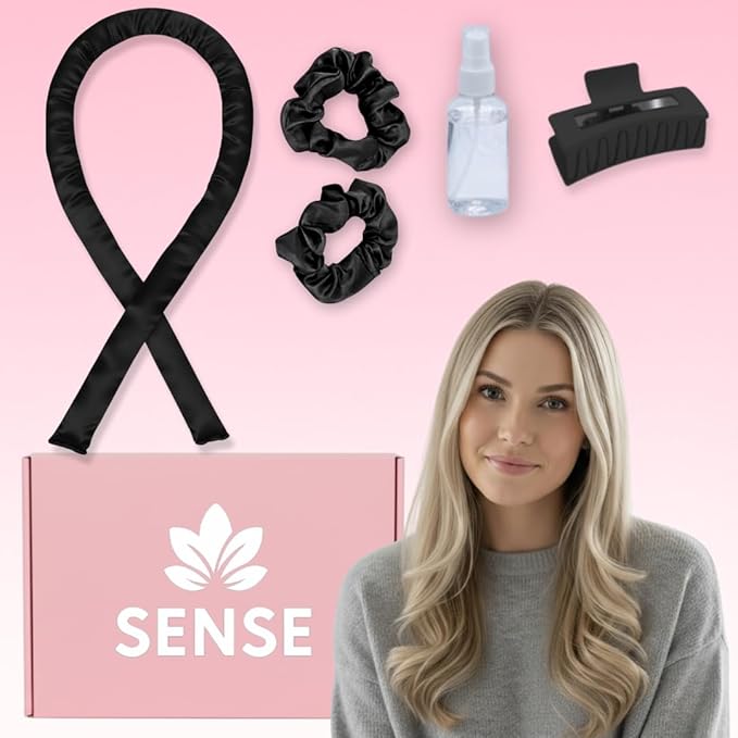 Satin Heatless Curling Kit, 39" Rod – No Heat Overnight Curls for Frizz-Free Waves – Comfortable Set w/ 2 Scrunchies, Claw Clip for All Hair Types (Black)