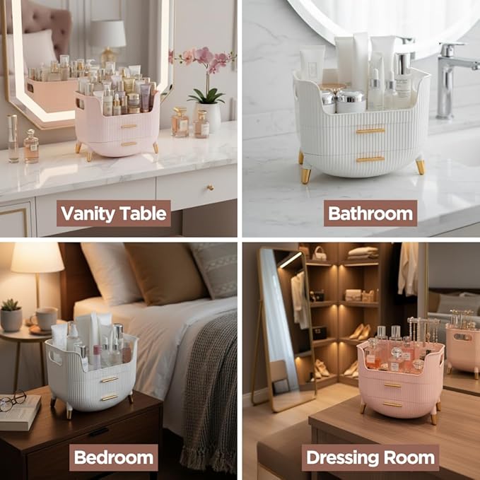 Makeup Organizer with Drawers, Skincare Storage Box for Vanity, Multiple Compartments, Portable Cosmetic Display Case with Handle, Large Make up Organizers for Dresser, Bathroom, Bedroom, Pink