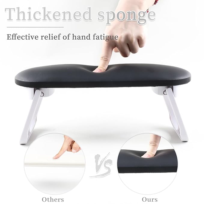Nail Arm Rest, Professional Foldable PU Leather Nail Hand Rest with PVC Table Mat for Acrylic Nails, Soft Nail Hand Pillow Non-slip for Manicure Salon Use (higher-Black)