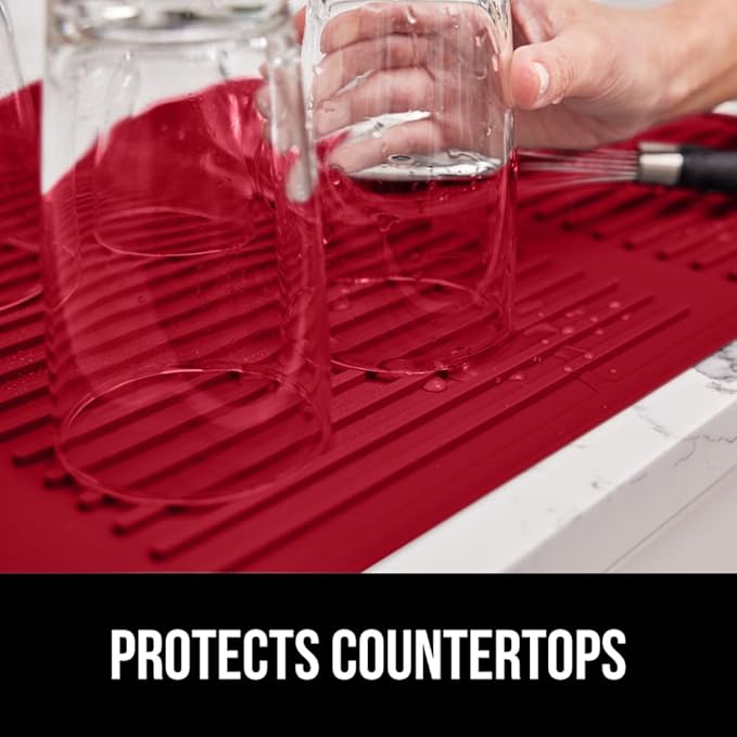 GORILLA GRIP 100% BPA-Free Patented Silicone Dish Drying Mat for Kitchen Counter, 18x16 Inch, Water Catching Ribbed Design, Easy Clean Waterproof Sink Liner, Heat Resistant, Fits Under Rack, Red