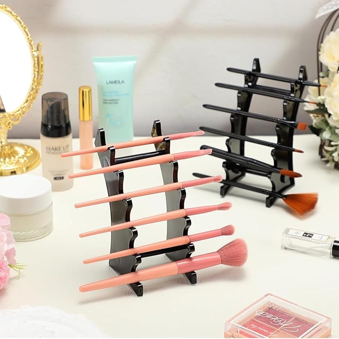 2 Pieces Plastic Pen Holder Stand, 6-Slots 2 Kinds Vertical and Horizontal Pen Display Stand Eyebrow Pen Stand Makeup Brush Rack Organizer for School Office Home Store (Black)