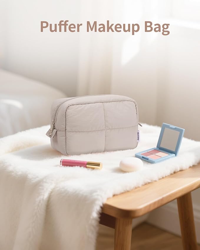 Narwey Quilted Makeup Bag Travel for Women Girl, Cute Cosmetic Bags Make up Organizer with Compartments, Travel Toiletry Bag for Toiletries (Khaki)
