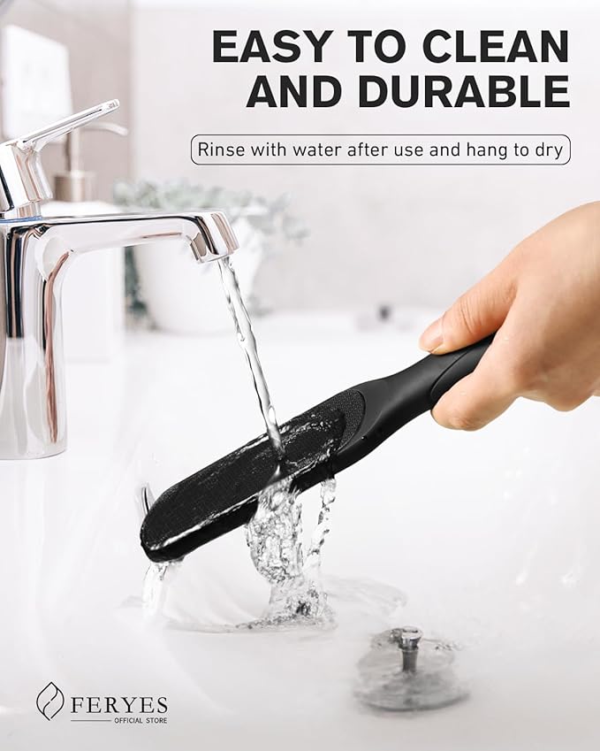 FERYES Dual-Sided Glass Foot File – Long Handle Foot Scrubber for Dead Skin, Cracked Heel Repair, Pedicure Tools for Callus Removal, Glass Pumice Stone Foot Scraper - Black