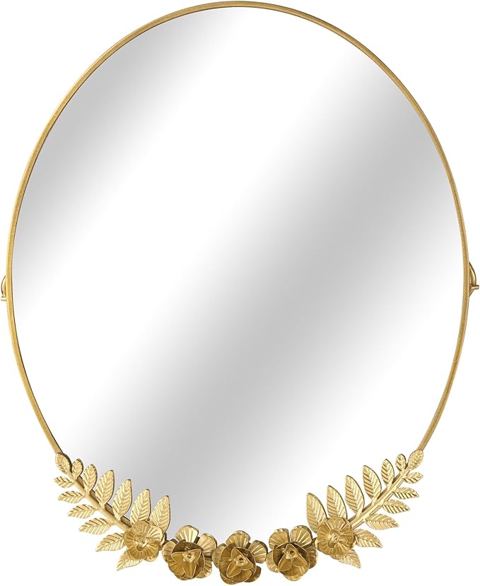 Golden Desk Oval Makeup Mirror with Blossoming Floral Accents – Lightweight Decorative Tabletop Vanity Mirror for Living Room, Bedroom, 10.04 x 11.81 Inches