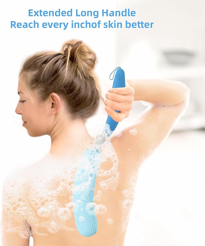 Long Handled Shower Brush, Non-Slip Long Handle Bath Brush, Back Body Brush Gentle Exfoliating and Lather Well Deep Cleansing Long-Lasting for Body