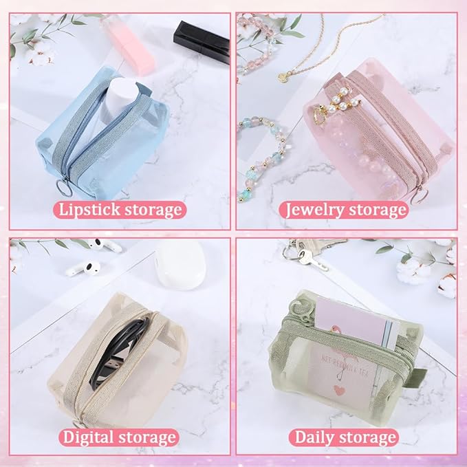 GORGECRAFT 5Pcs 5 Colors Portable Square Mesh Storage Bag Small Zippered Mesh Makeup Bag Cosmetic Coin Purse Travel Storage Organizer for Toiletry Blue Green Pink Purple Khaki 4.1 x 2.2 inch