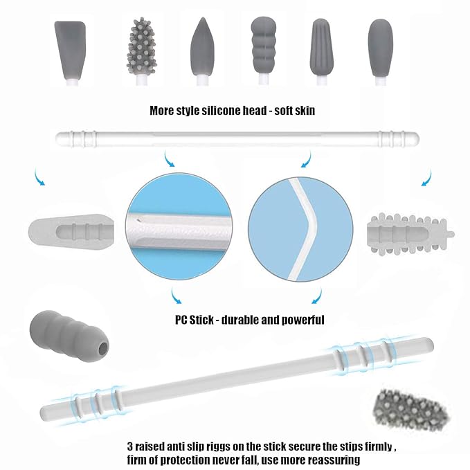 Strogem Reusable Cotton Swabs with 1 Mirror for Makeup Application and Cleaning, Multifunctional Portable Washable Silicone Q-Tip (gray)