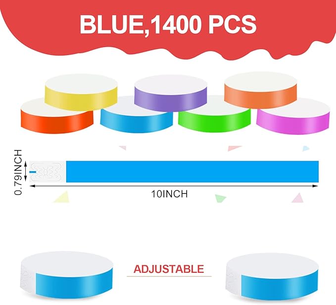1400 Pack Neon Paper Wristbands - Waterproof, Adhesive Armbands for Events & Concerts (Blue)