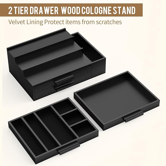 Cologne Organizer for Men,3 Tier Cologne Stand with 2 Drawer and Side Extended Storage Space,Wood Perfume Stand Organizer，Great Gift Packing Box for Men and Women-Black