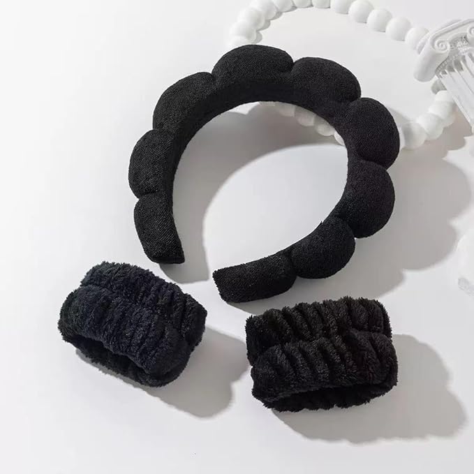 Spa Headband and Wristband Set for Women,Terry Cloth Sponge Headband for Washing Face,Makeup,Facial Mask and Skincare (Black, One Size)